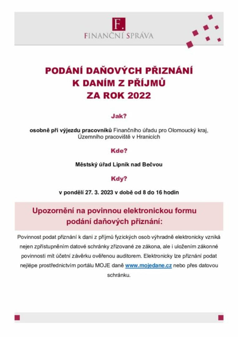 Plakát Finanční úřad: Informace k podání daňových přiznání k daním z příjmů za rok 2022
