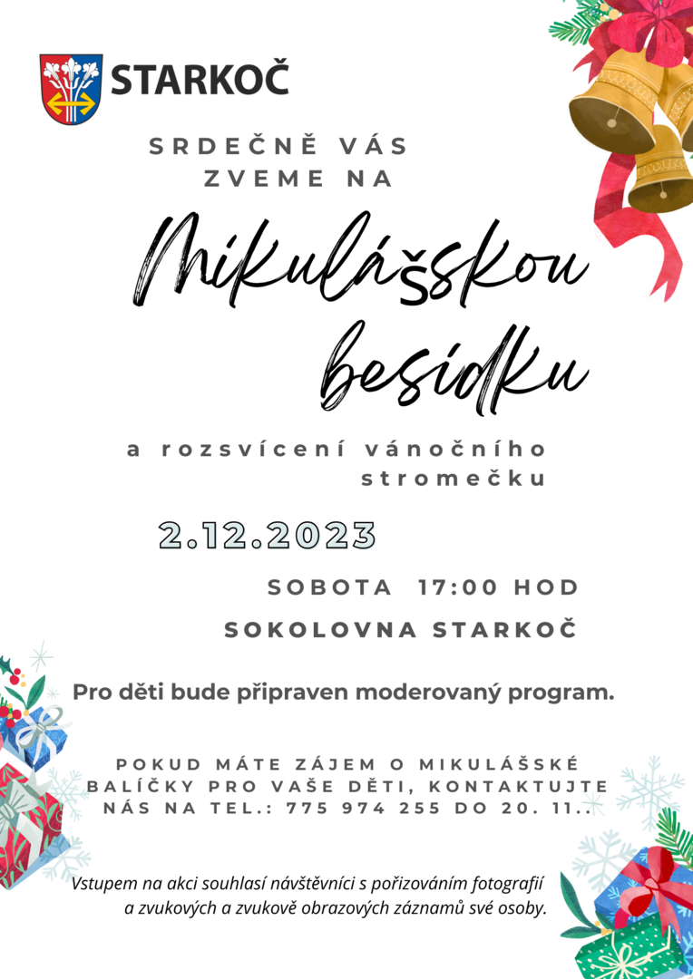 Plakát Starkoč: Mikulášská besídka a rozsvícení vánočního stromečku