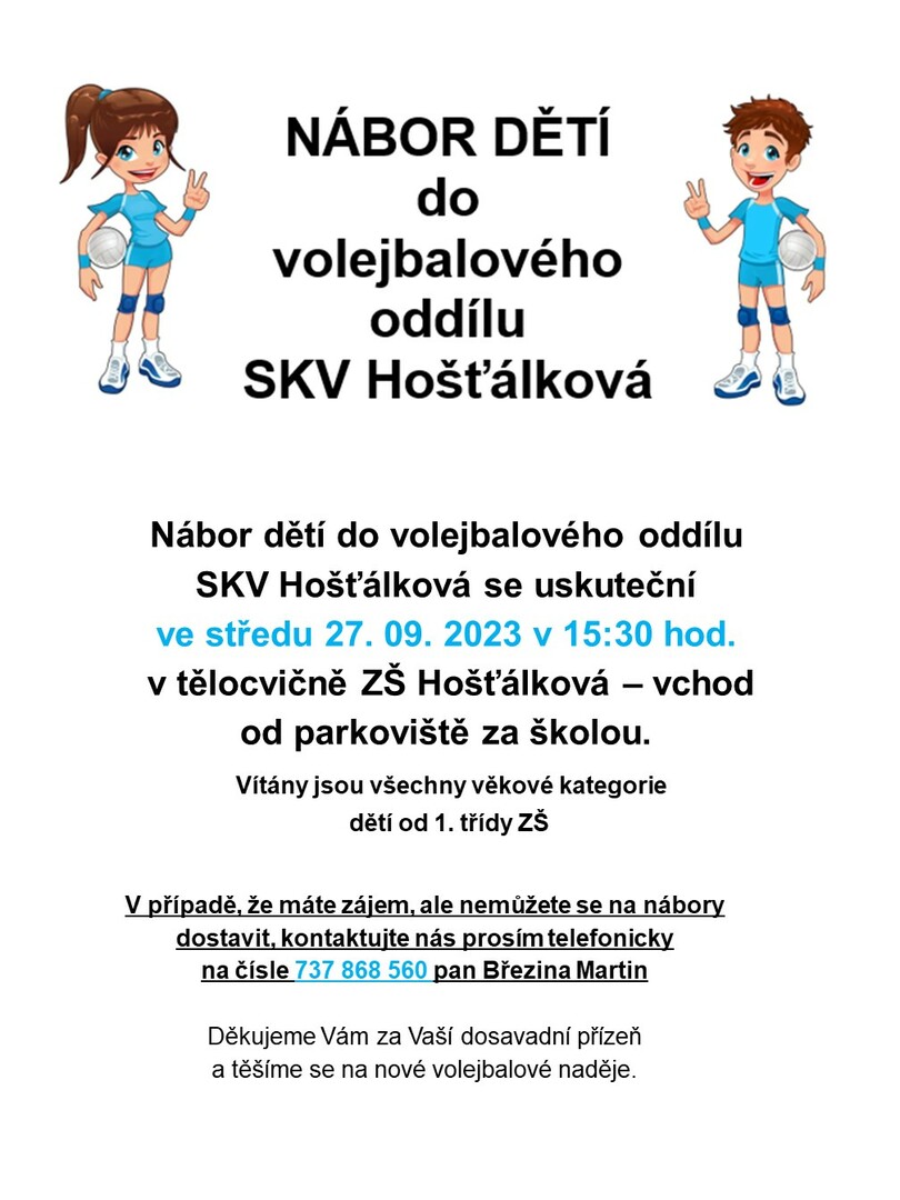 Plakát NÁBOR DĚTÍ do VOLEJBALOVÉHO ODDÍLU SKV Hošťálková