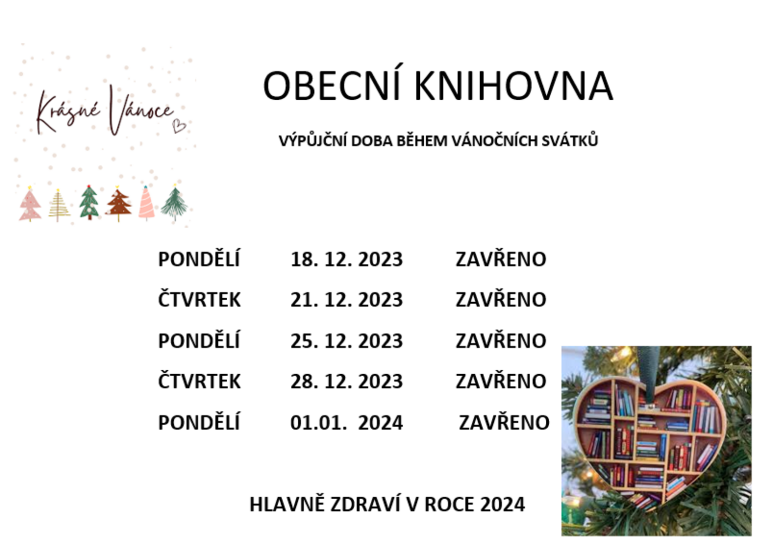 Plakát KNIHOVNA - Výpůjční doba během vánočních svátků 2023