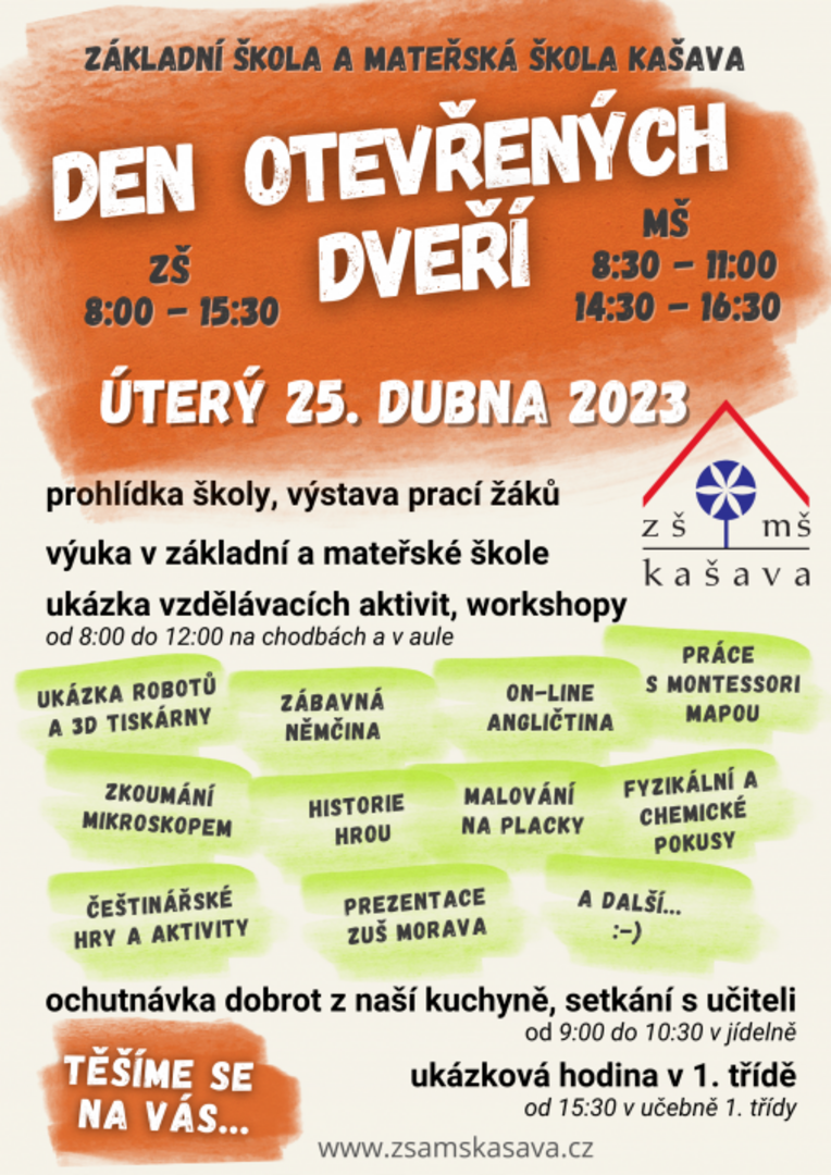 Plakát Den otevřených dveří ZŠ a MŠ Kašava