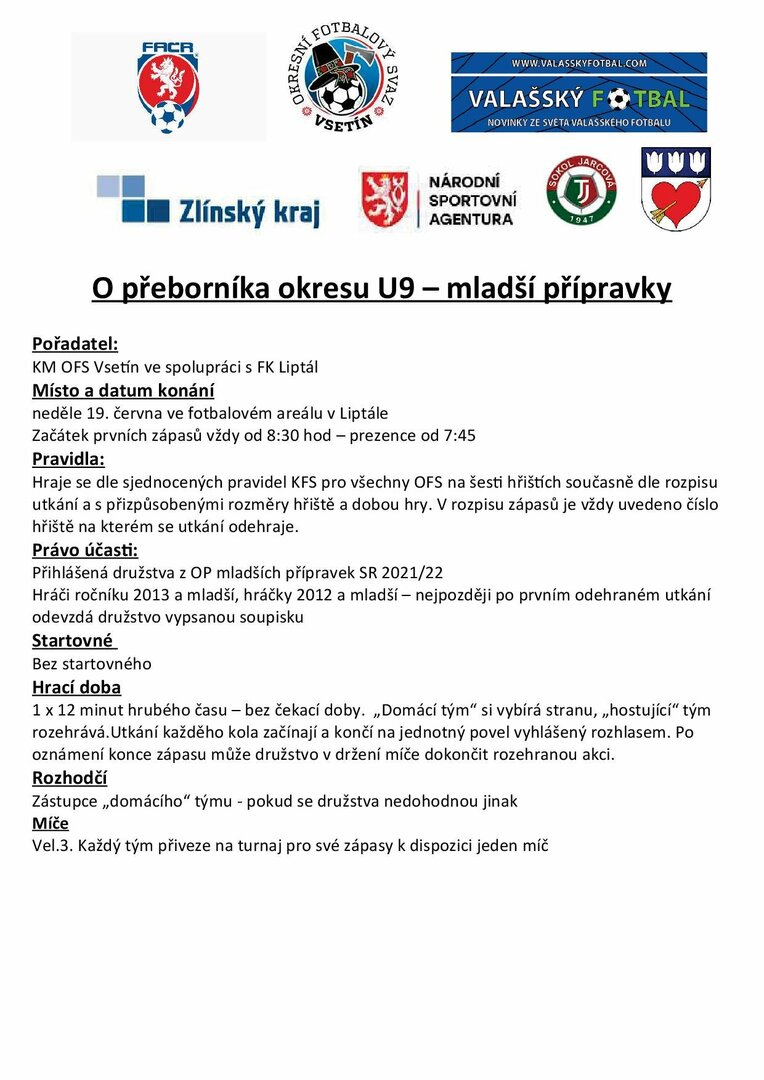 Plakát Fotbalový turnaj O přeborníka okresu U9 - ml. přípravky, Liptál 19.6.2022 - FOTO