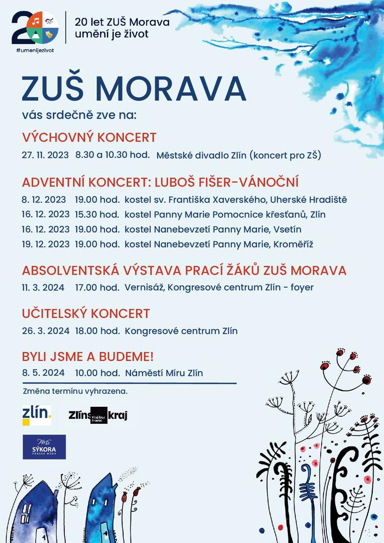 Plakát 20 let ZUŠ Morava ve šk. r. 2023/2024 - akce, koncerty