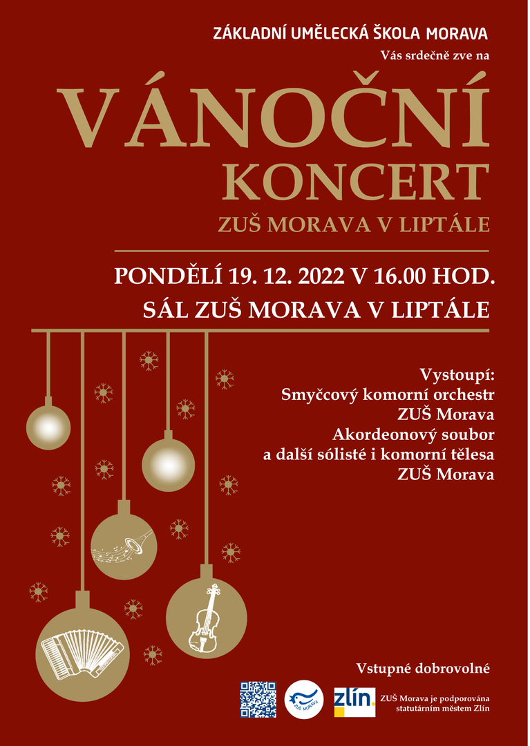 Plakát Vánoční koncert ZUŠ Morava v Liptále, sál ZUŠ