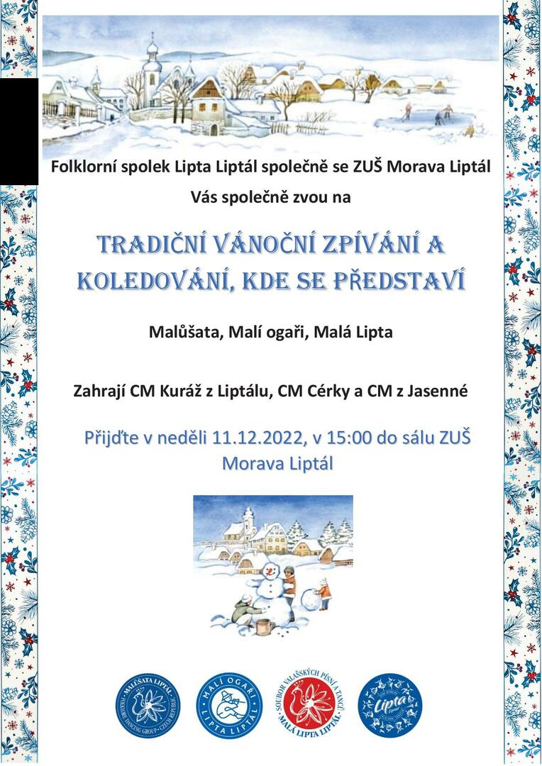 Plakát Vánoční zpívání a koledování FS Lipta, sál ZUŠ Morava