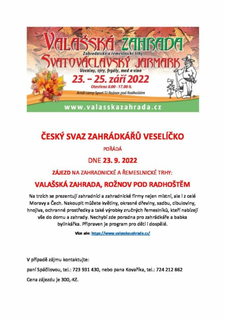 Plakát Zahrádkářský spolek pořádá zájezd na Podzimní valašskou zahradu a Svatováclavský