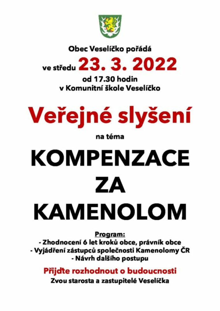 Plakát Veřejné slyšení na téma Kompenzace za kamenolom