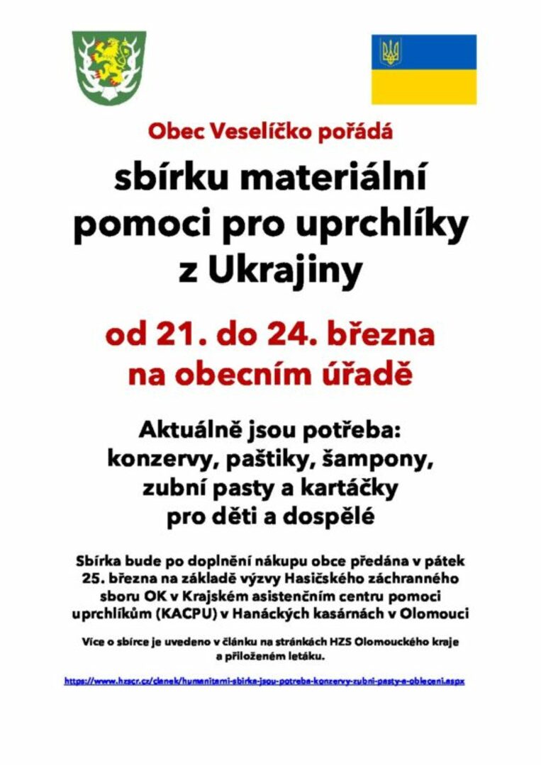Plakát Sbírka materiální pomoci pro uprchlíky z Ukrajiny