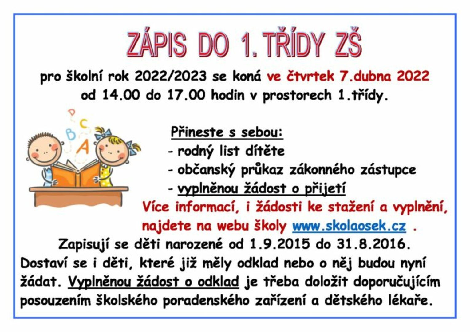 Plakát Zápis do 1. třídy ZŠ Osek nad Bečvou