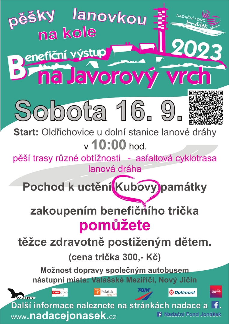 Plakát Benefiční výstup na Javorový vrch pro Nadační fond Jonášek 16. 9. 2023