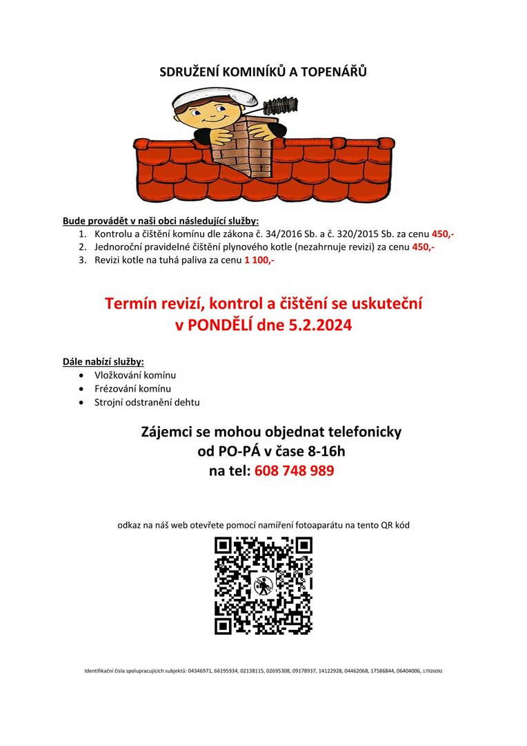 Plakát Kontrola a čištění komínů v obci, 5. 2. 2024