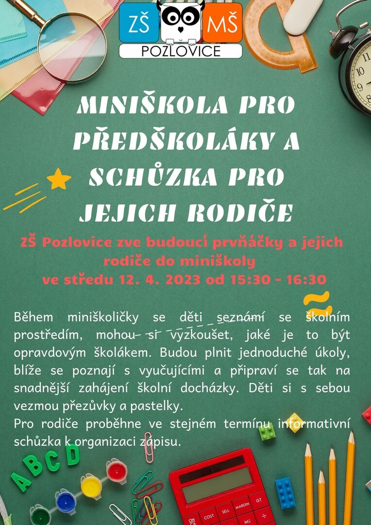 Plakát Miniškola pro předškoláky a schůzka pro jejich rodiče