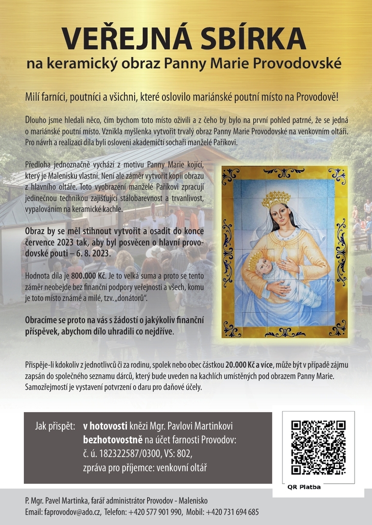 Plakát Veřejná sbírka na keramický obraz Panny Marie Provodovské