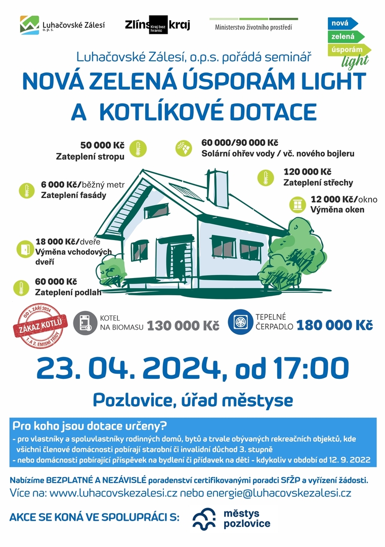 Plakát Luhačovské Zálesí o.p.s. pořádá seminář Nová zelená úsporám