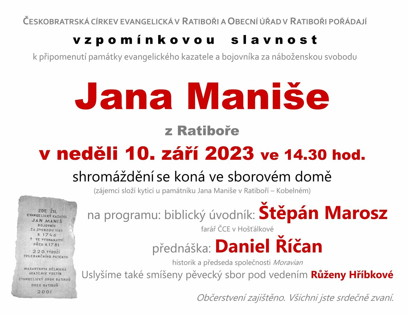Plakát POZVÁNKA na vzpomínkovou slavnost - Jan Maniš