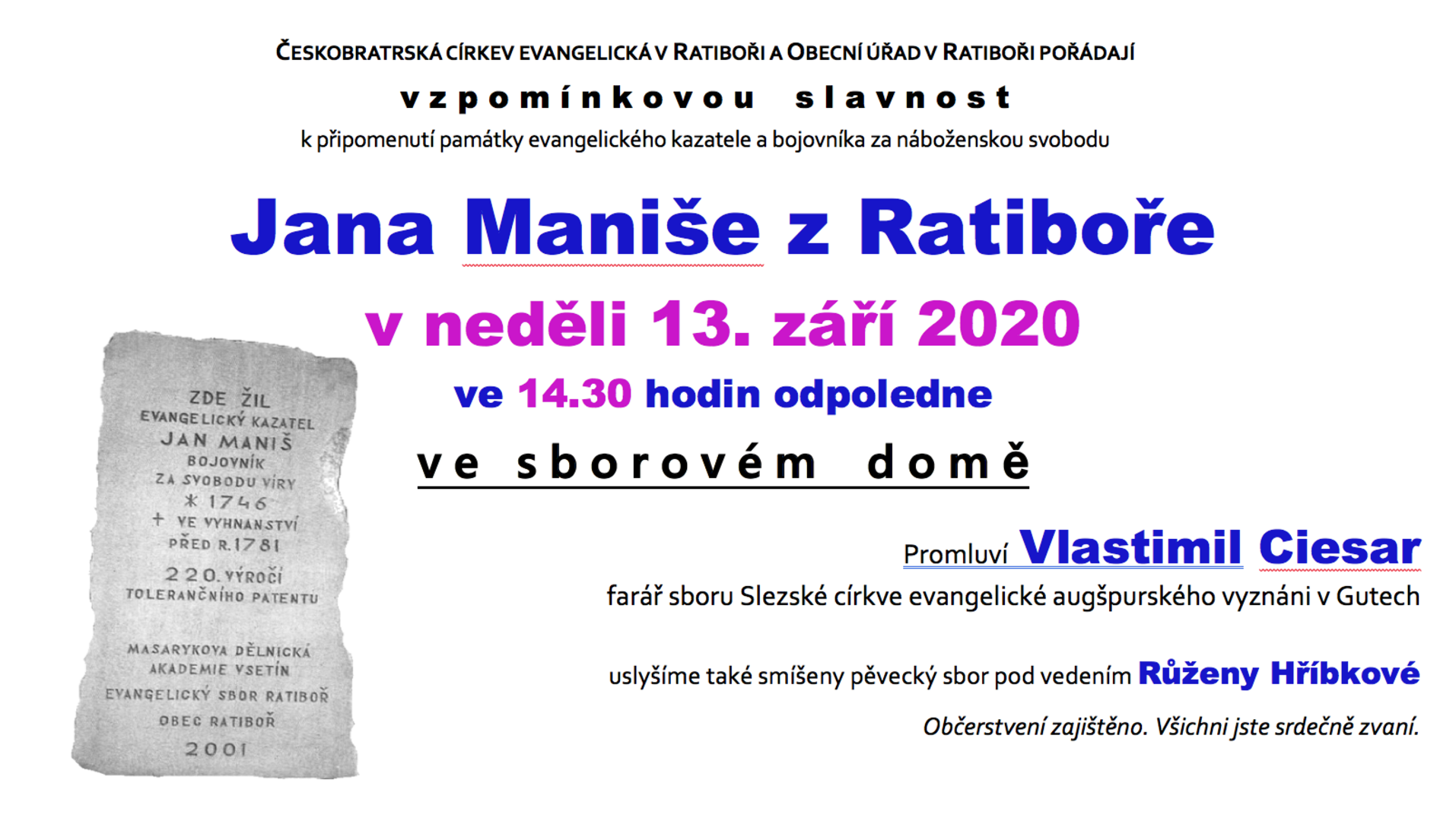 Plakát POZVÁNKA na vzpomínkovou slavnost – Jan Maniš