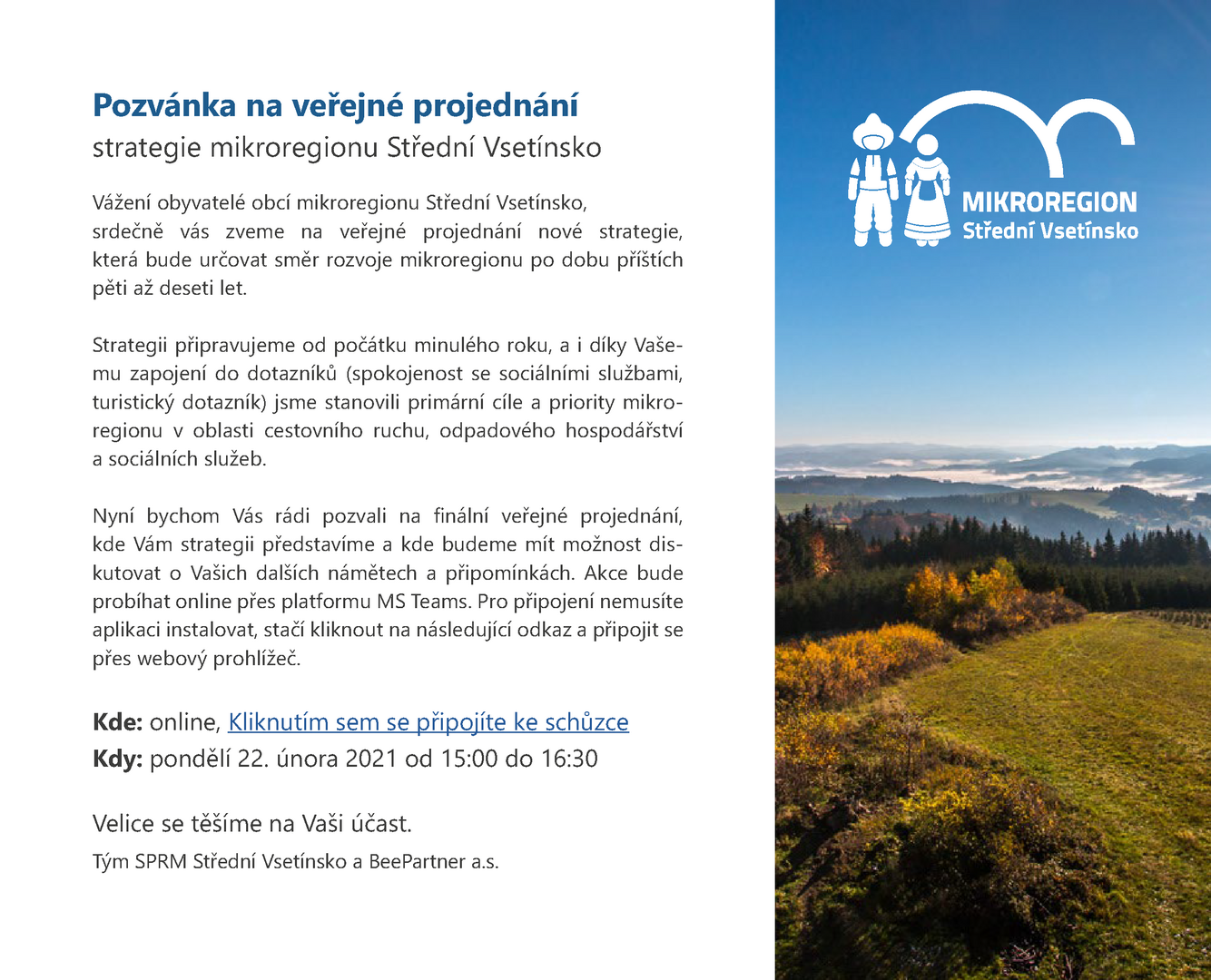Plakát Pozvánka na veřejné projednání strategie mikroregionu Střední Vsetínsko