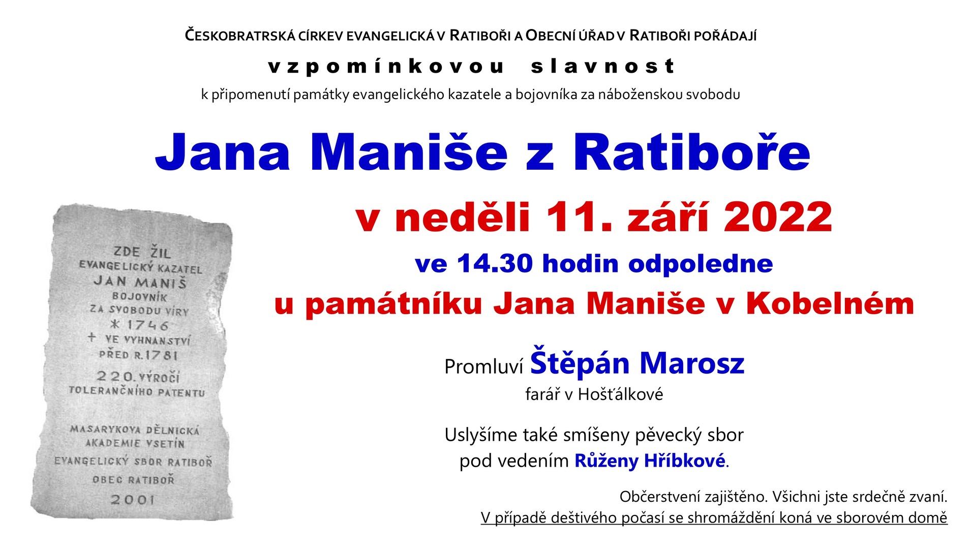 Plakát POZVÁNKA na vzpomínkovou slavnost – Jan Maniš