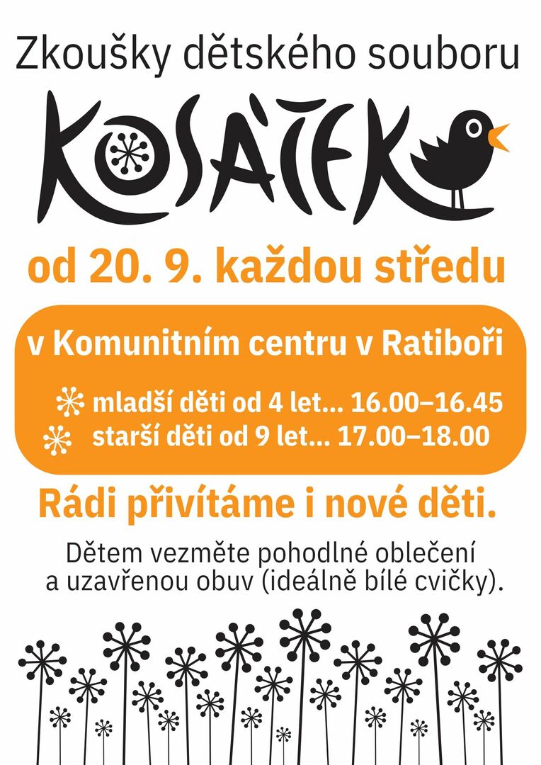 Plakát Zkoušky dětského folklorního souboru Kosáček v novém školním roce 2023/2024