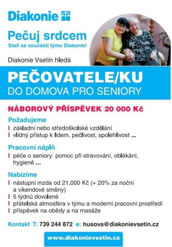HLEDÁME PEČOVATELE / PEČOVATELKY pro domovy seniorů na Vsetíně